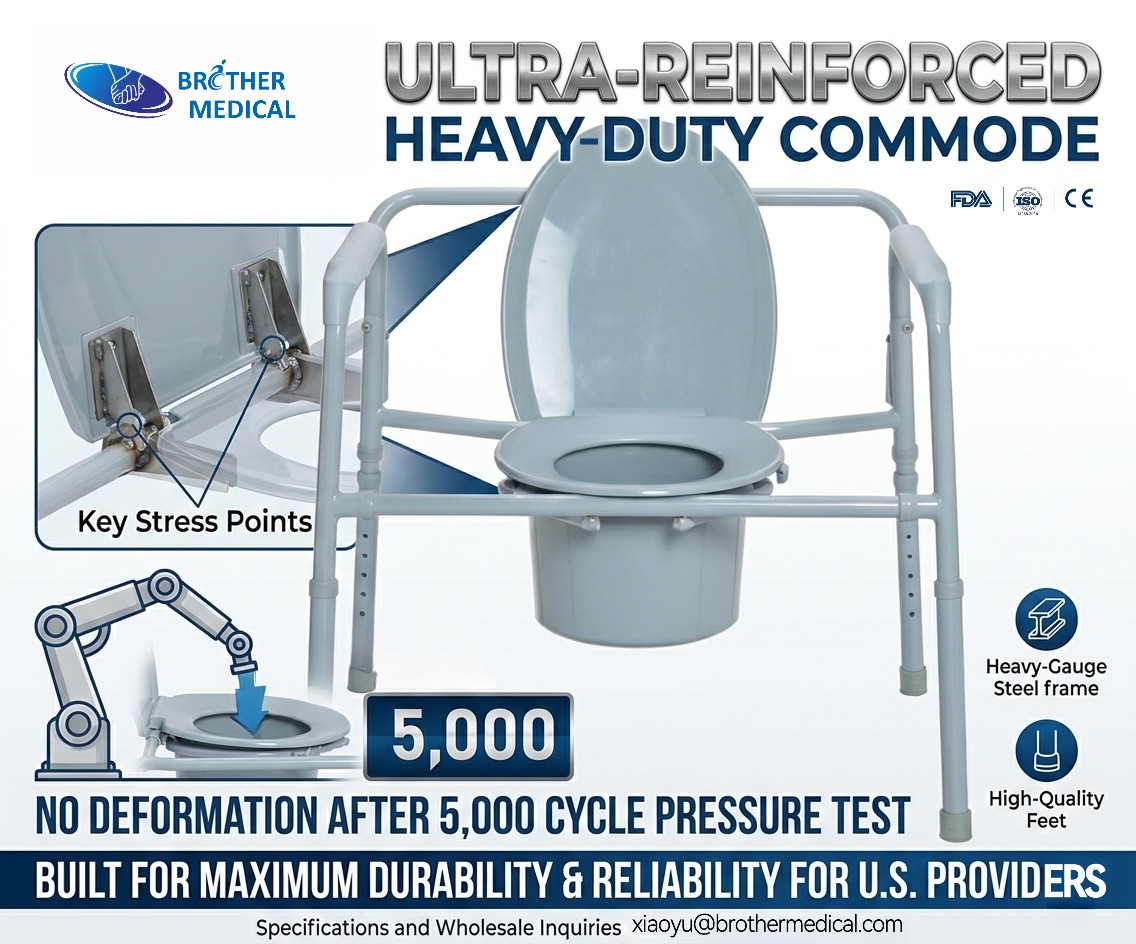 Close-up of precision welding and high-density padded armrests on a professional-grade bariatric folding commode chair. Gros plan sur une soudure de précision et des accoudoirs rembourrés haute densité sur une chaise d'aisance pliante bariatrique de qualité professionnelle.