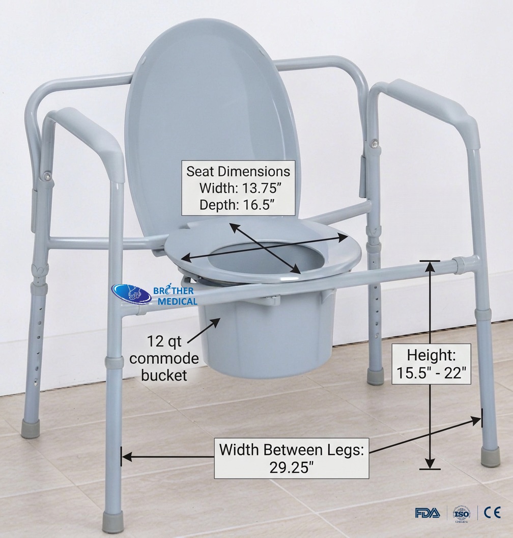 Technical dimension chart for bariatric folding commode: 24-inch extra-wide seat width and adjustable height specifications in inches. Tableau des dimensions techniques de la commode pliante bariatrique : largeur de siège extra-large de 24 pouces et spécifications de hauteur réglable en pouces.