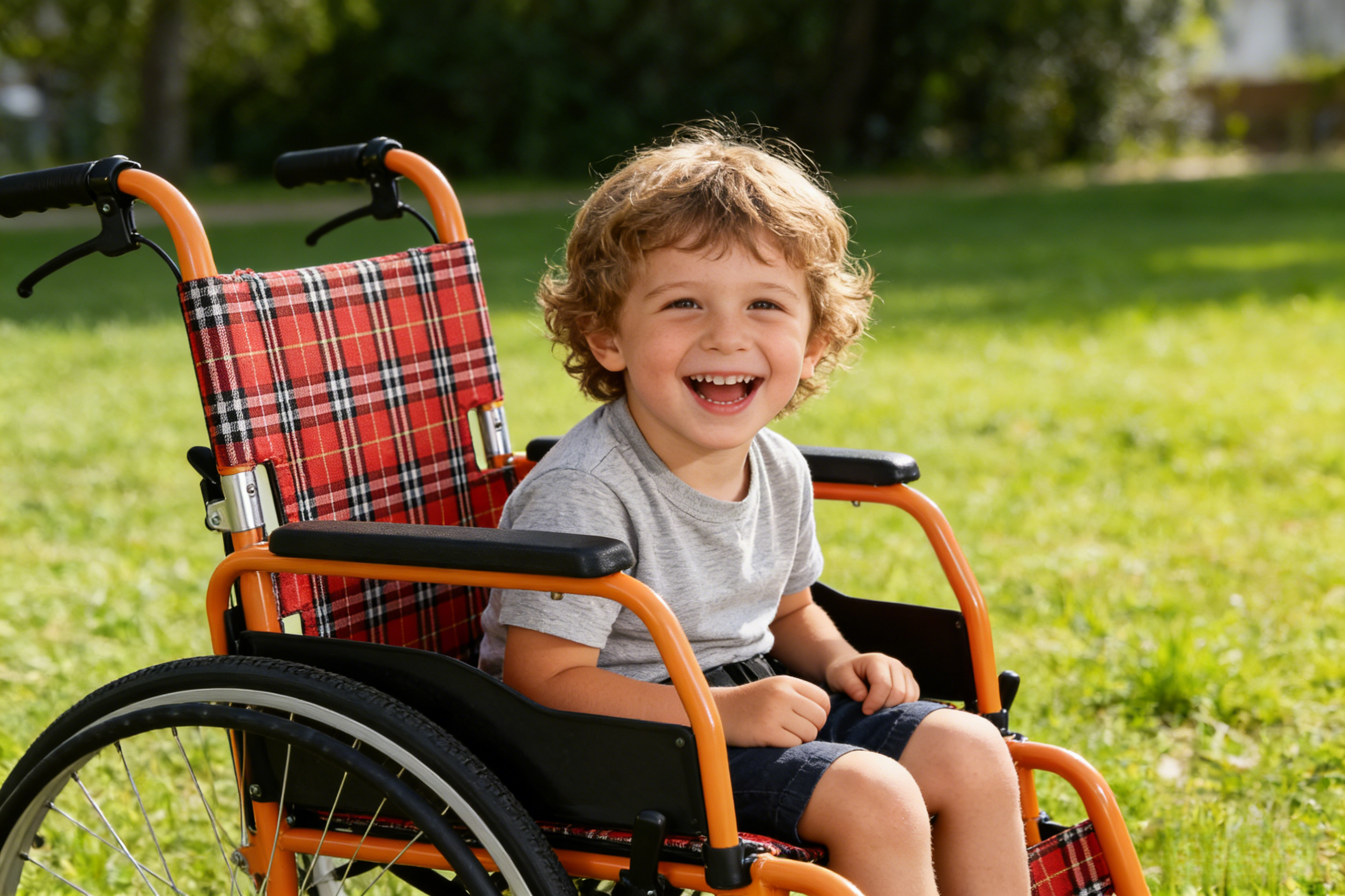 En plein air, Happy Kid sur le fauteuil roulant pour enfants de Brother Medical
