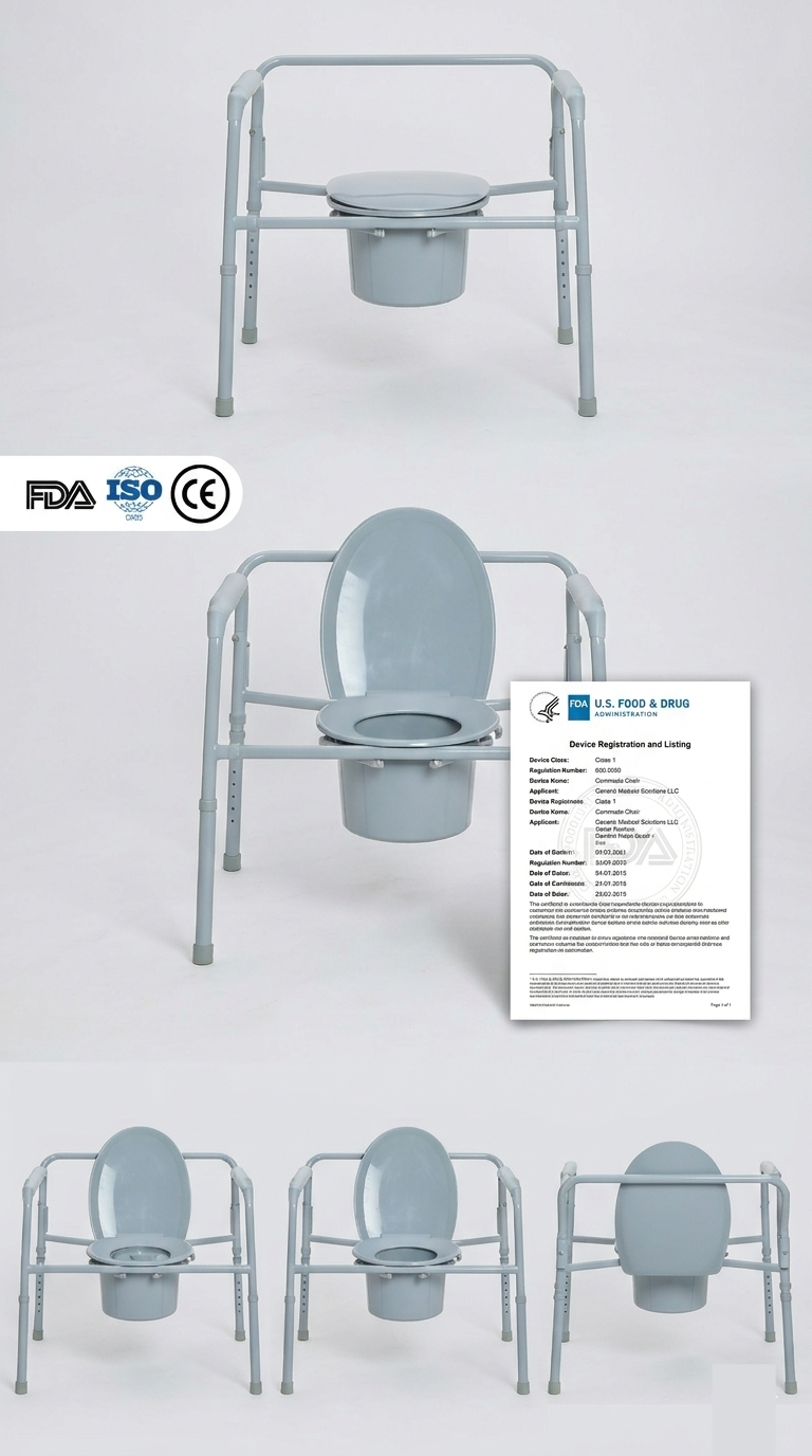 FDA registered bariatric folding commode with durable steel frame, supporting up to 650 lbs. Certified for US medical equipment (DME) markets, compliant with HCPCS code E0168. Commode pliante bariatrique enregistrée par la FDA avec cadre en acier durable, supportant jusqu'à 650 lb. Certifié pour les marchés américains des équipements médicaux (DME), conforme au code HCPCS E0168.