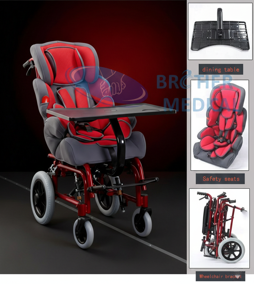 Le contenu de la livraison de Brother Medical pour les fauteuils roulants pour paralysie cérébrale comprend un ensemble de pièces de rechange (contenant des coussins de siège, des boucles de réglage, etc.) qui est fourni gratuitement avec le produit.