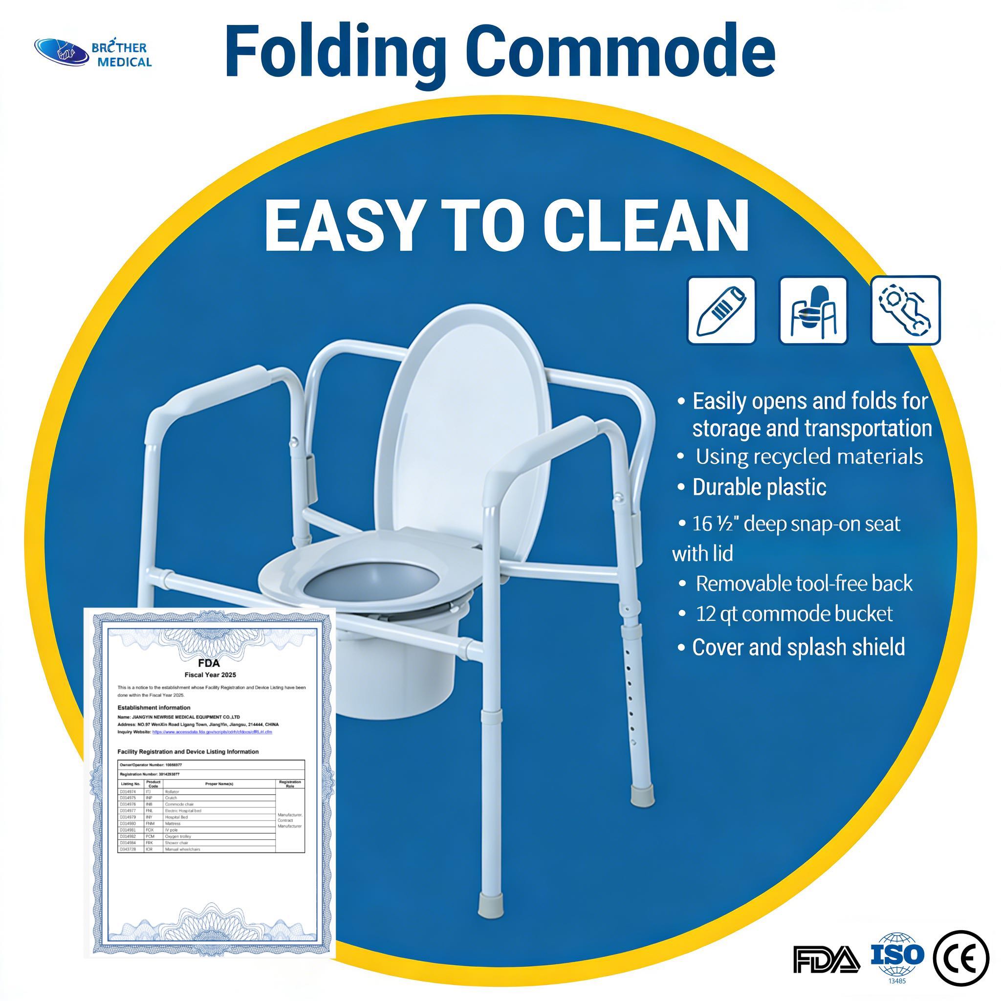 FDA certificate of the bariatric folding commode, function description Certificat FDA de la commode pliante bariatrique, description de la fonction