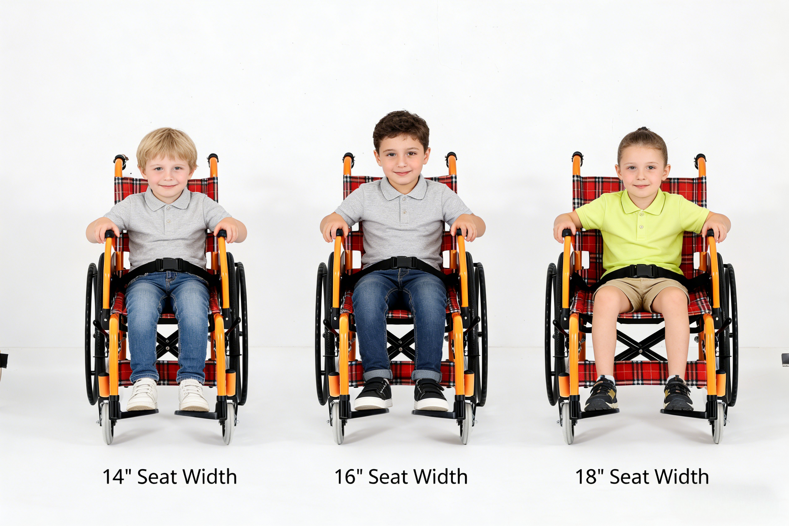 Trois tailles de fauteuil roulant pédiatrique avec une taille personnalisée et une largeur de siège personnalisée : 14' 16' 18'