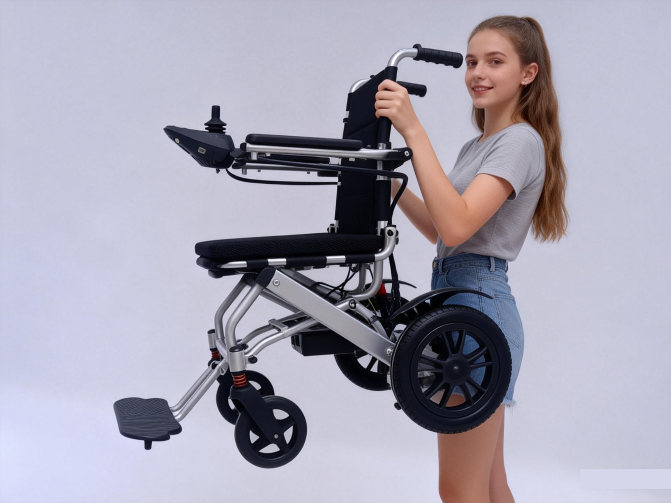 Jeune femme soulevant facilement un fauteuil roulant électrique ultra léger Conception en aluminium de 17 kg