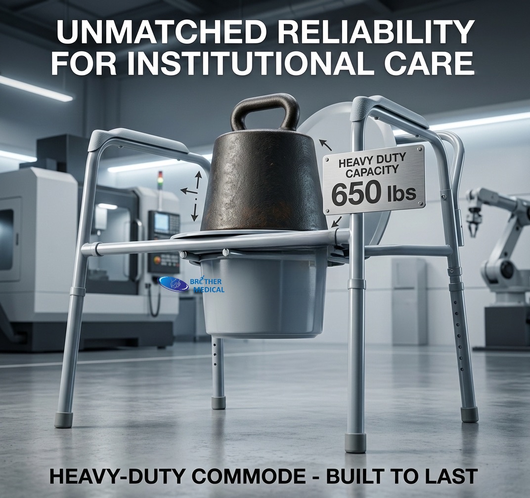 Heavy-duty bariatric bedside commode with 650 lbs weight capacity verified by industrial lead weights; stable reinforced steel frame for obesity care. Commode de chevet bariatrique robuste avec une capacité de poids de 650 lb vérifiée par des poids en plomb industriels ; cadre en acier renforcé stable pour les soins de l'obésité.