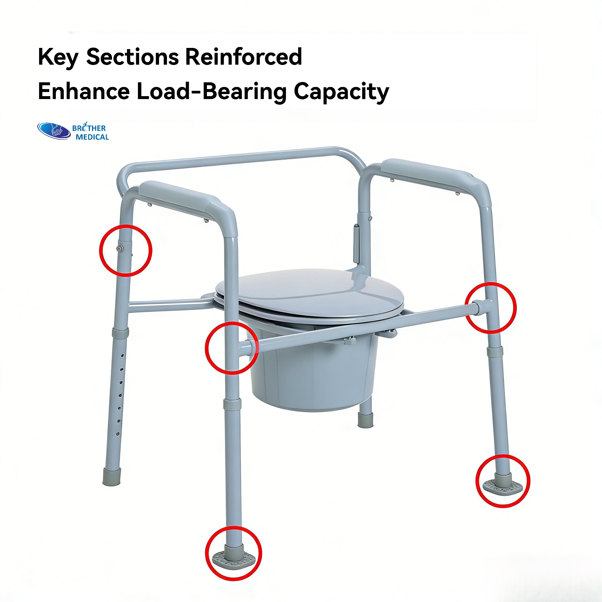Close-up of precision welding on Brother Medical professional-grade bariatric folding commode chair.Key Sections Reinforced Enhance Load-Bearing Capacity Gros plan d'un soudage de précision sur une chaise d'aisance bariatrique pliante de qualité professionnelle Brother Medical. Sections clés renforcées pour améliorer la capacité de charge
