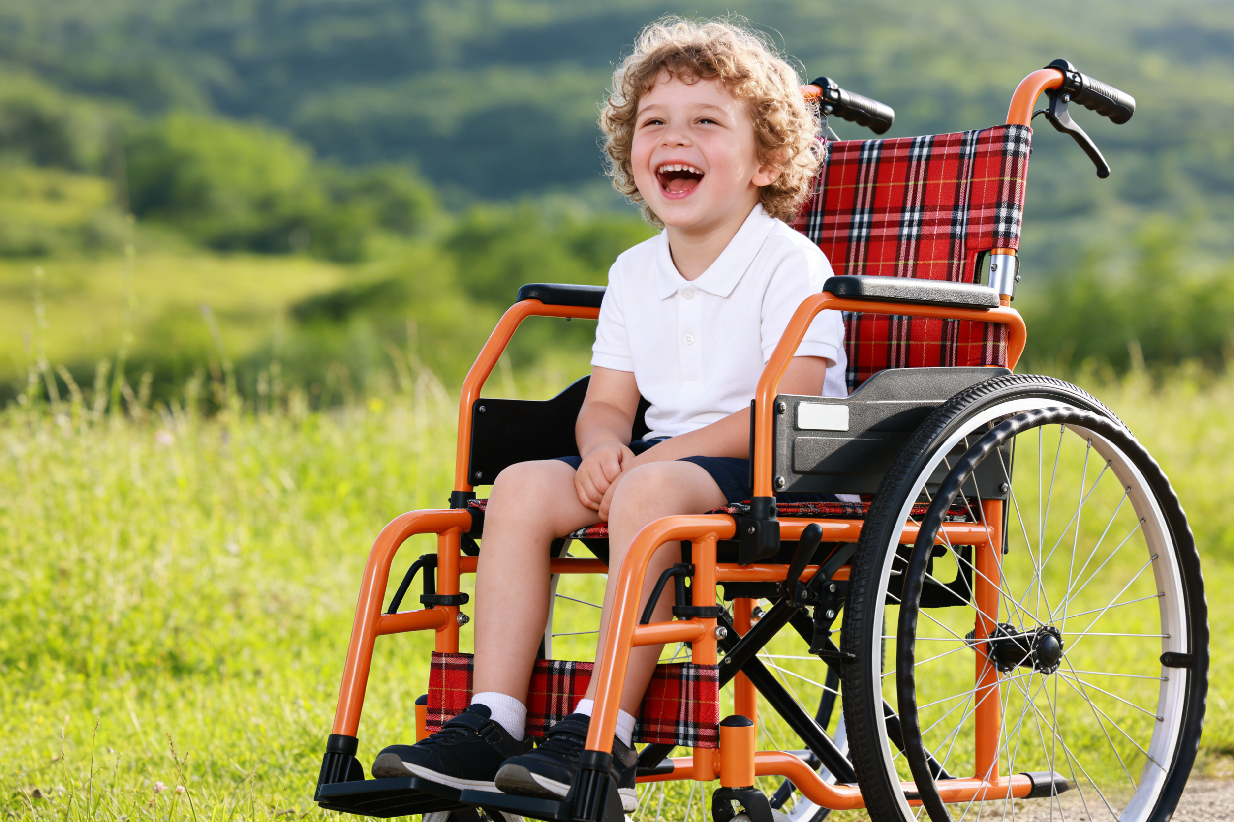Enfant satisfait sur le fauteuil roulant pédiatrique de Brother Medical, en plein air