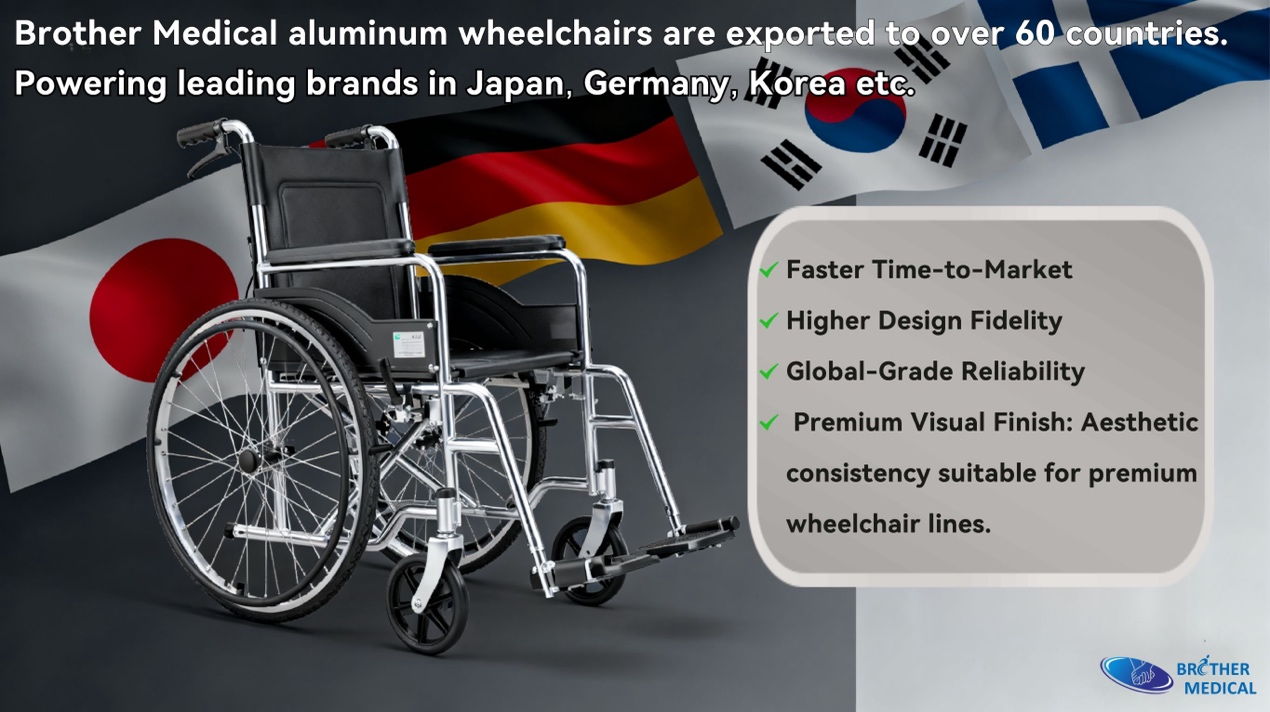Fauteuils roulants Brother Medical export&eacute;s dans plus de 60 pays, d&eacute;lai de mise sur le march&eacute; plus rapide, fid&eacute;lit&eacute; de conception plus &eacute;lev&eacute;e, fiabilit&eacute; de niveau mondial, finition visuelle haut de gamme Coh&eacute;rence esth&eacute;tique adapt&eacute;e aux gammes de fauteuils roulants haut de gamme