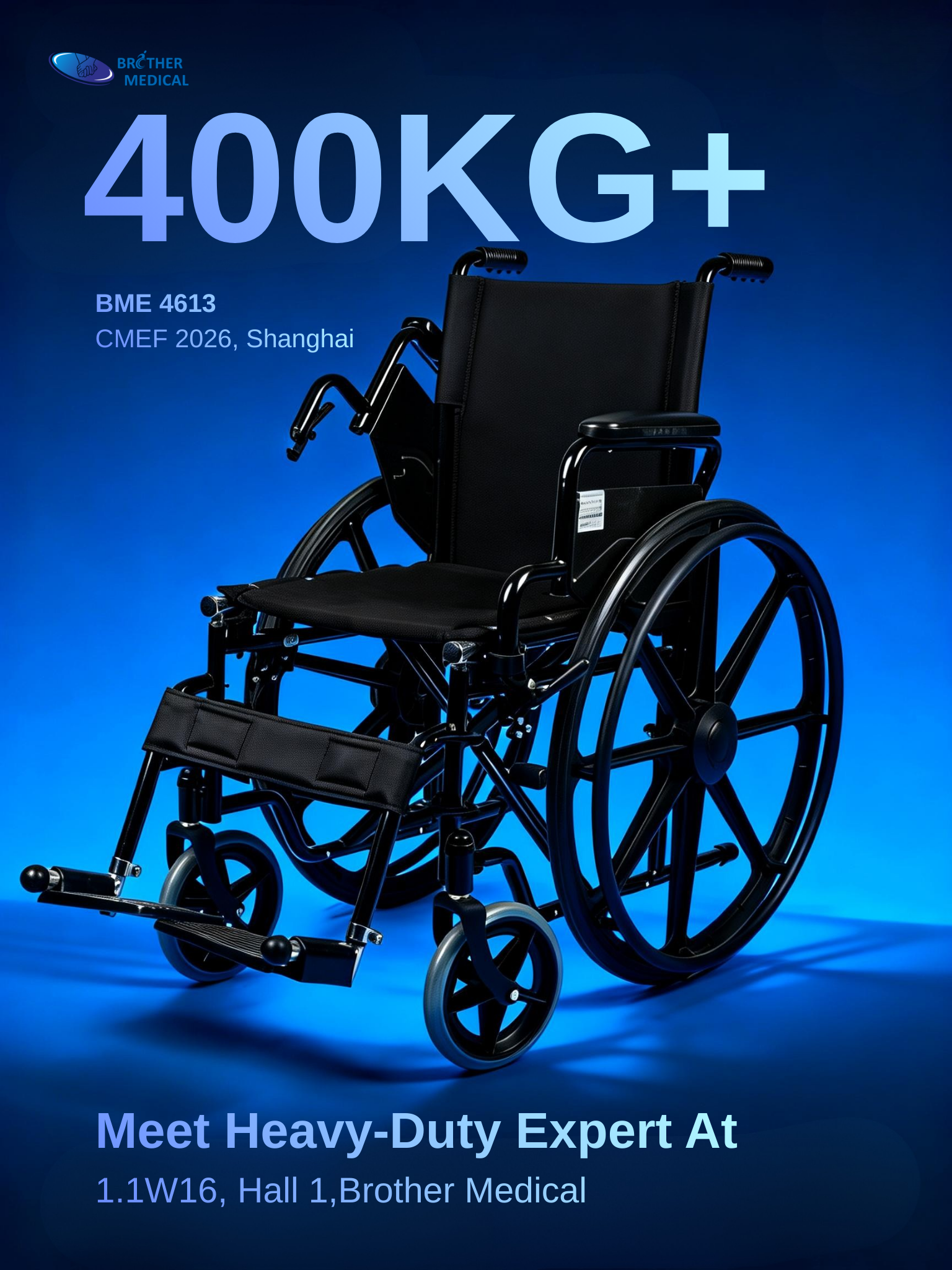 D&eacute;tail du cadre renforc&eacute; d'une capacit&eacute; de 300 kg du fauteuil roulant bariatrique pour le CMEF 2026.