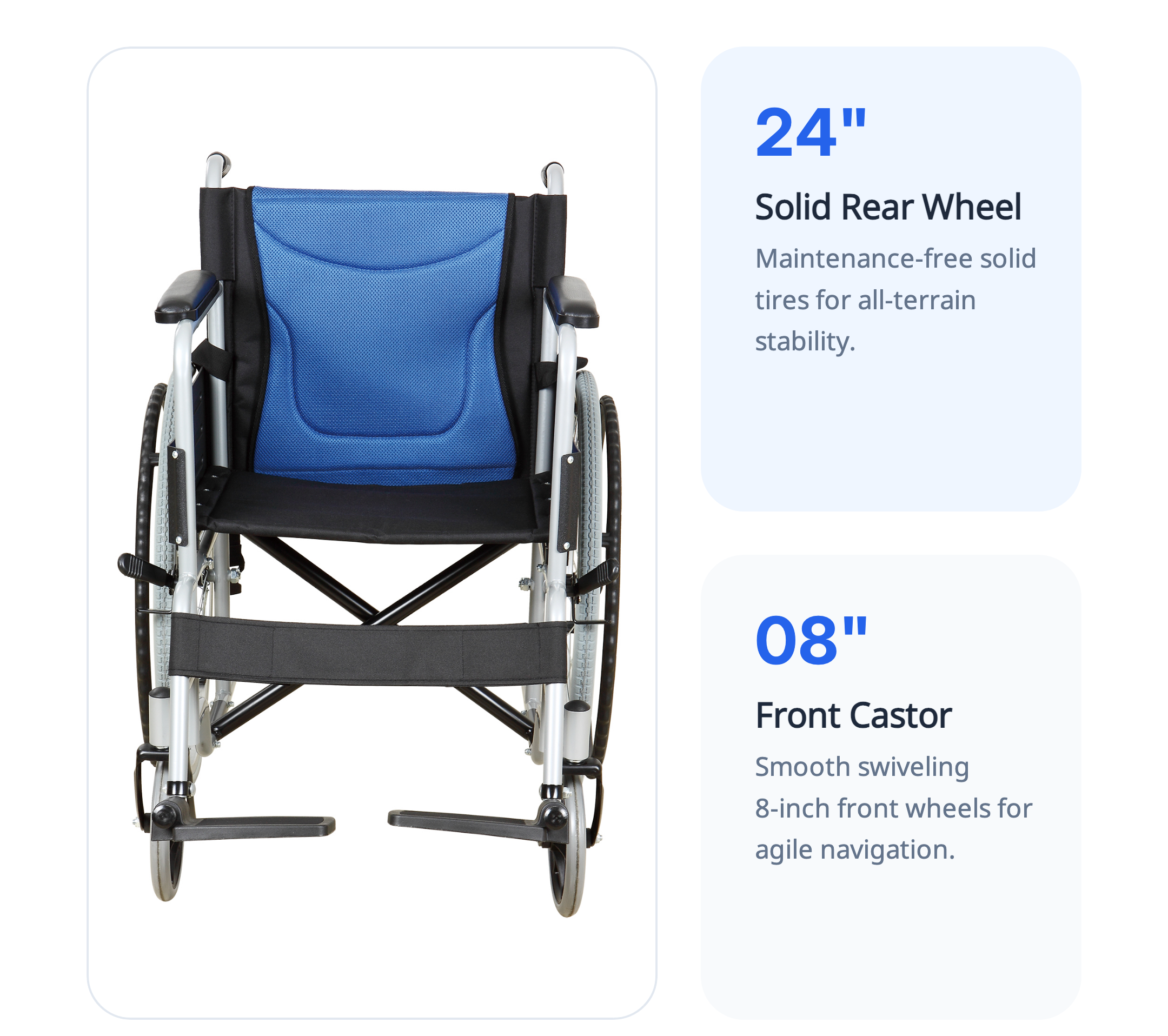 Roue arrière solide de 24 pouces, roulettes avant de 8 pouces, BME 4611, fauteuil roulant économique en acier, 