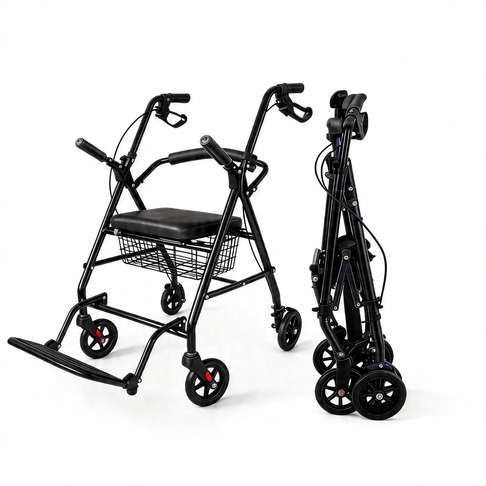 BME885 Déambulateur et chaise de transport pliable 2 en 1 avec siège rembourré et repose-pieds pliable
