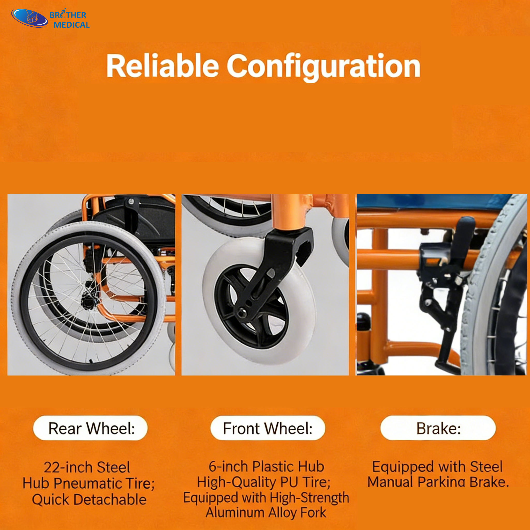 Fauteuil roulant pédiatrique, roues avant et arrière, système de freinage, usage médical