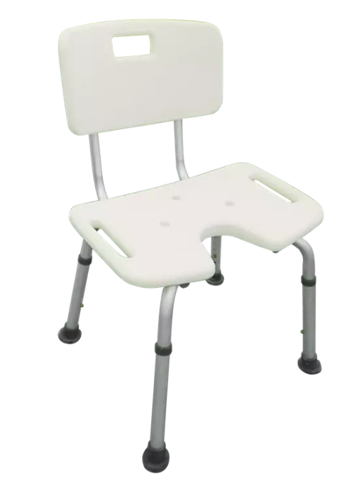 Une chaise de douche pliante avec un cadre robuste, con&ccedil;ue pour le confort et la s&eacute;curit&eacute;, avec des pieds r&eacute;glables et un design compact pour un rangement facile.