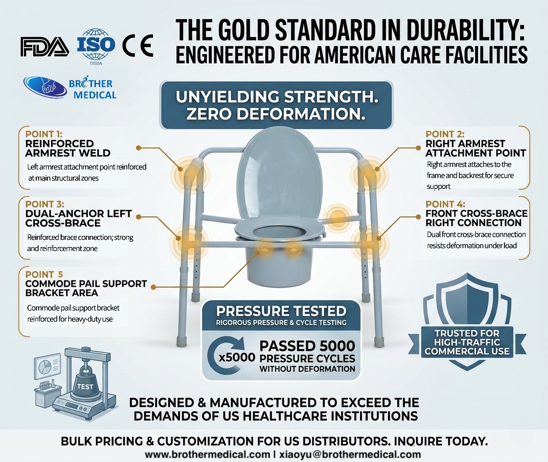 FDA-certified bariatric commode featuring 6 reinforced structural joints and 5,000-cycle stress test validation for zero-deformation durability. Chaise percée bariatrique certifiée FDA, dotée de 6 joints structurels renforcés et d'un test de résistance de 5 000 cycles pour une durabilité sans déformation.