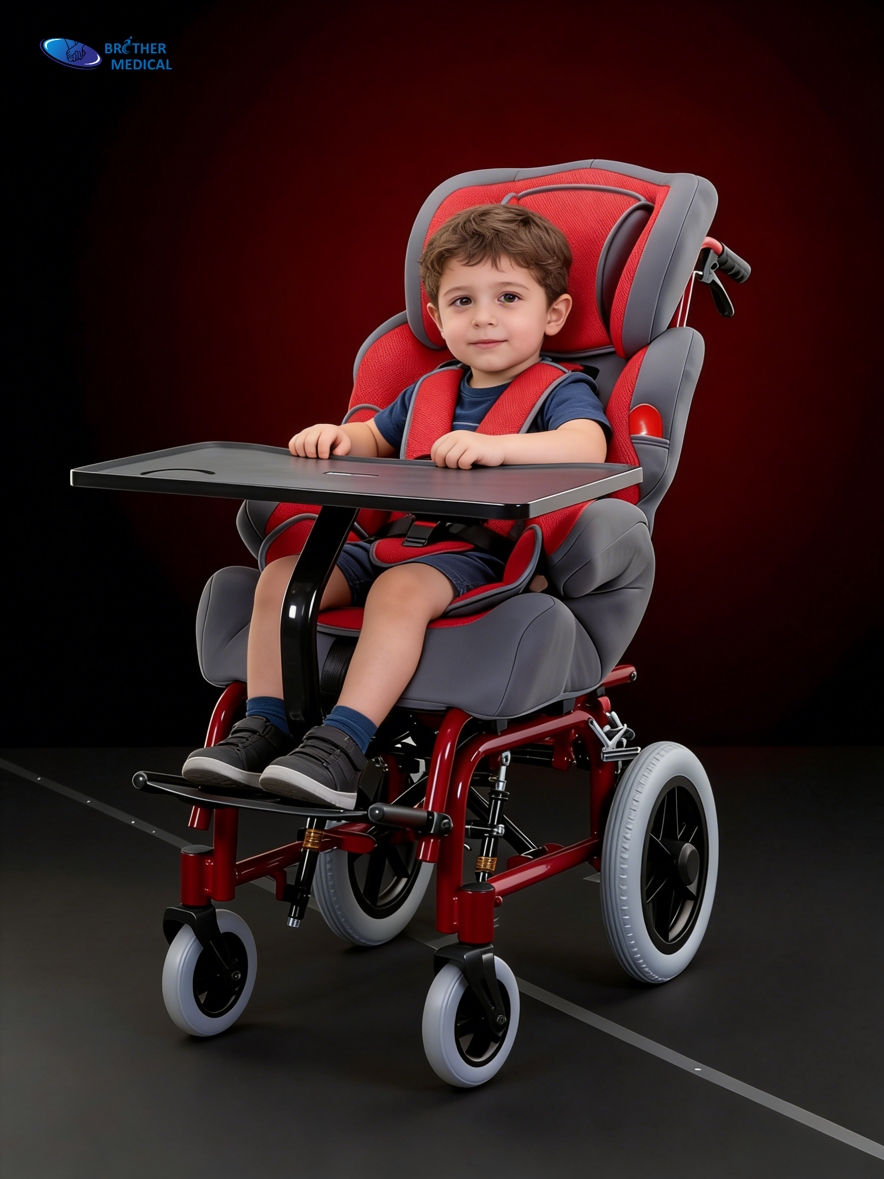 Fauteuil roulant rouge pour bébé atteint de paralysie cérébrale
