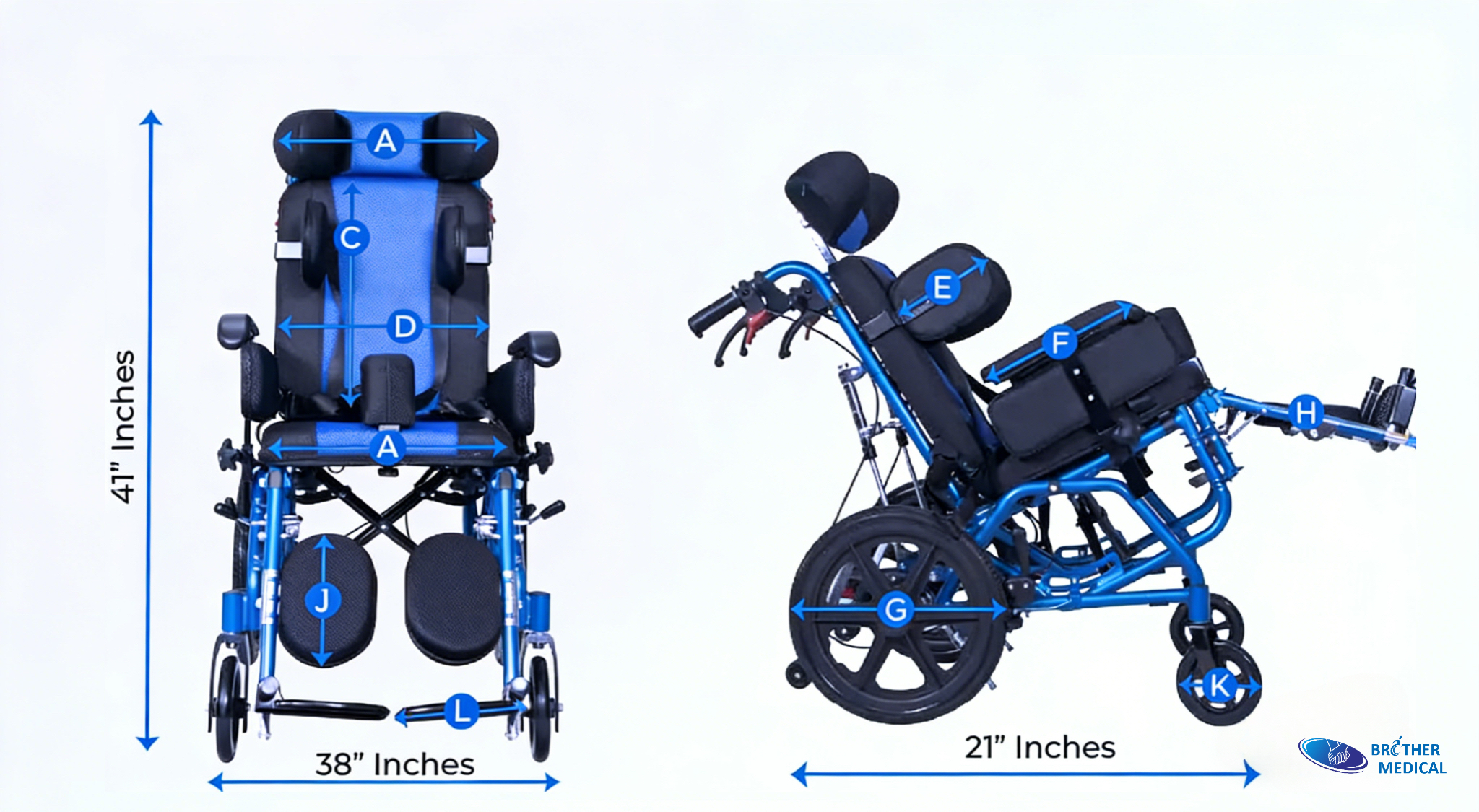 Informations sur la taille du fauteuil roulant pour paralysie cérébrale, BME4620 Bleu