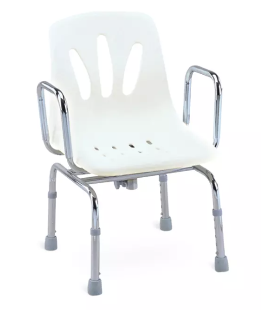 Une chaise de douche robuste avec cadre renforc&eacute;, si&egrave;ge large et accoudoirs robustes, con&ccedil;ue pour un soutien et une s&eacute;curit&eacute; maximum sous la douche.