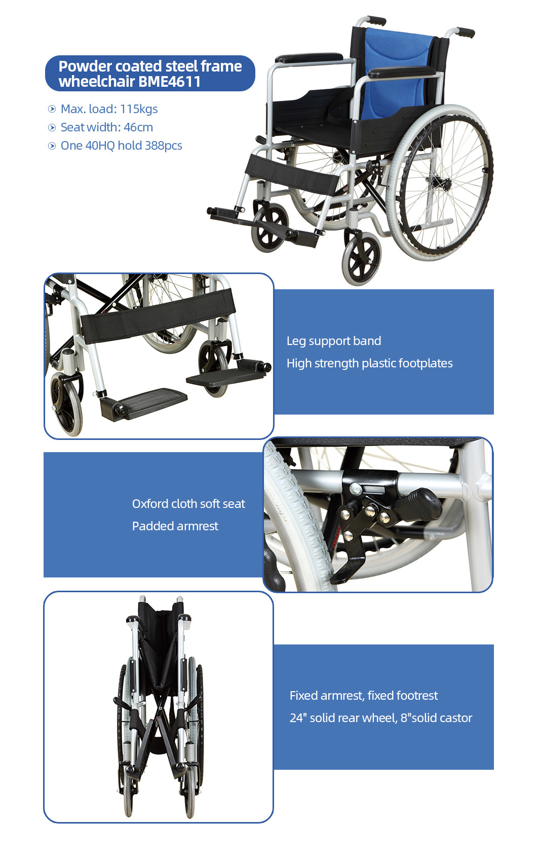 Détails du fauteuil roulant à cadre en acier enduit de poudre BME4611