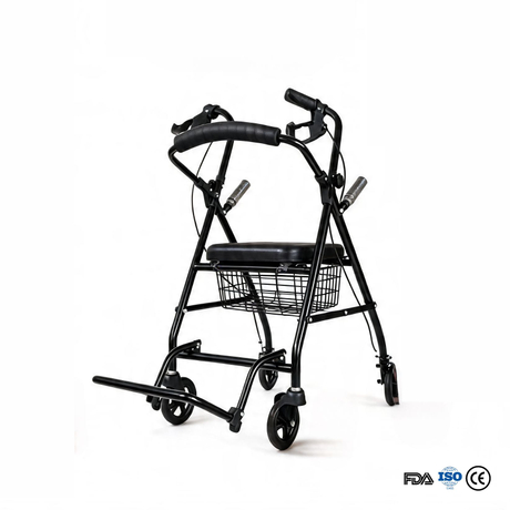 BME885 Déambulateur et chaise de transport pliable 2 en 1 avec siège rembourré et repose-pieds pliable