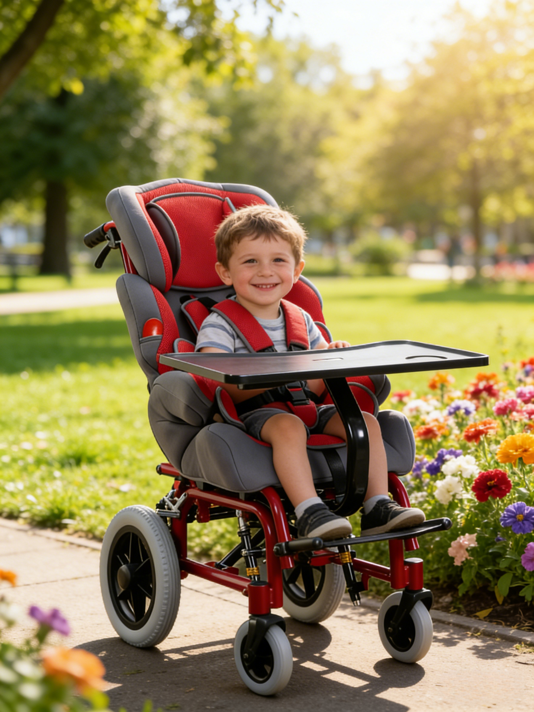 Fauteuil roulant rouge pour bébé atteint de paralysie cérébrale