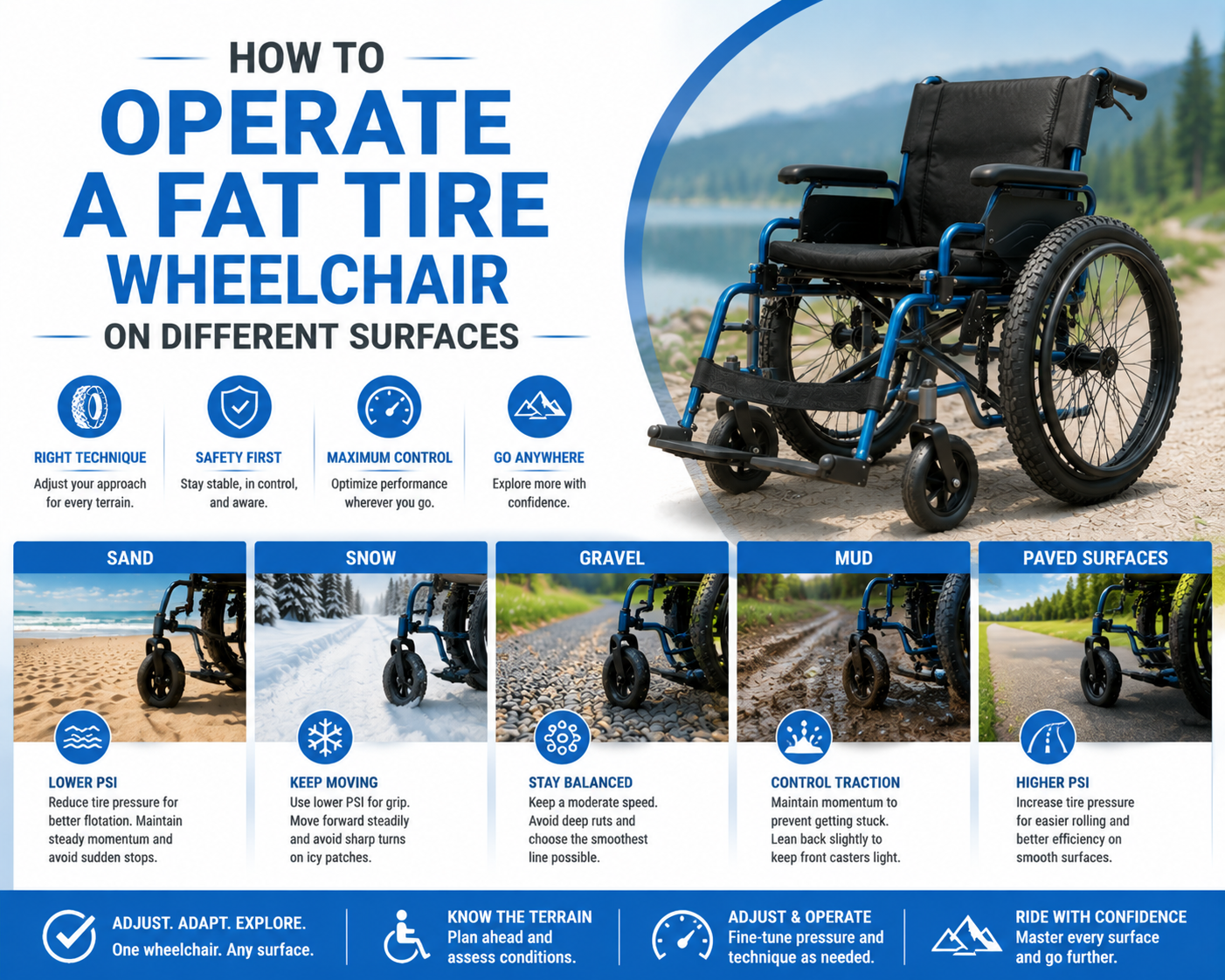 Comment faire fonctionner un fauteuil roulant à gros pneus sur différentes surfaces ?