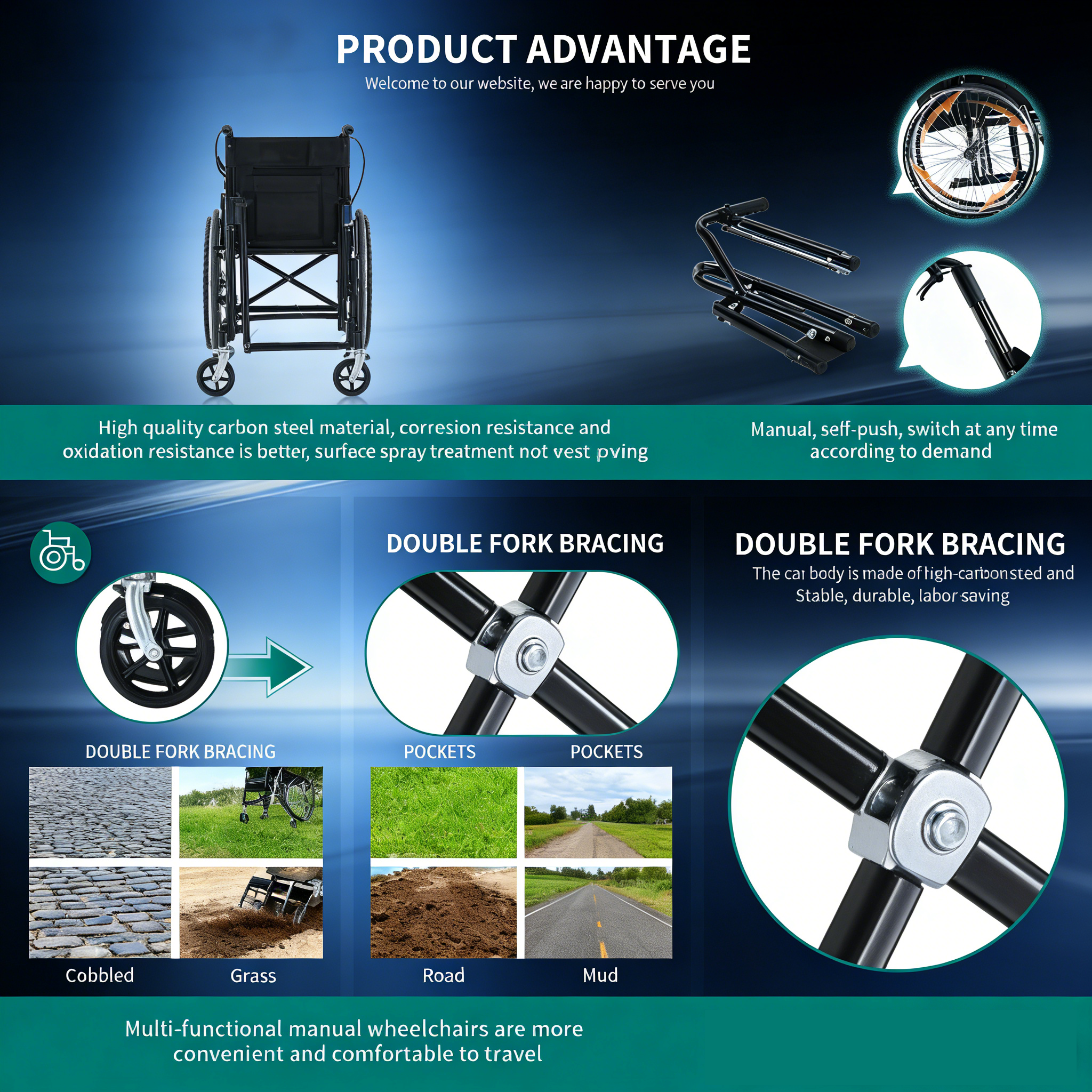 Le fauteuil roulant &agrave; cadre renforc&eacute; Brother Medical utilise des joints doublement soud&eacute;s aux points de pivotement &agrave; forte contrainte, des syst&egrave;mes de renfort transversal pour r&eacute;partir la charge uniform&eacute;ment et des tubes &eacute;paissis, souvent en acier ou en alliages d'aluminium de haute qualit&eacute;.