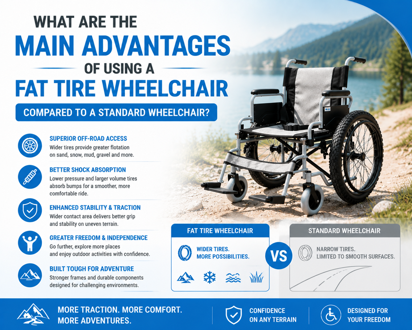 Quels sont les principaux avantages de l’utilisation d’un fauteuil roulant à gros pneus par rapport à un fauteuil roulant standard&nbsp;?